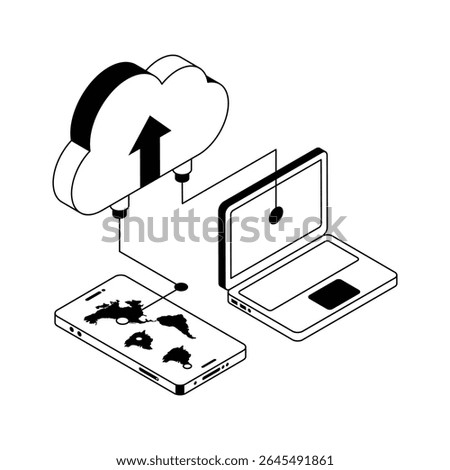Latest icon of cloud upload designed in isometric style