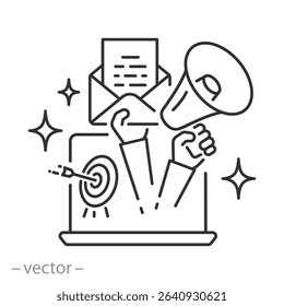 latest information, target business, news content icon, digital marketing, share media latest, social personal blog, megaphone announce, thin line symbol on white background - editable stroke vector