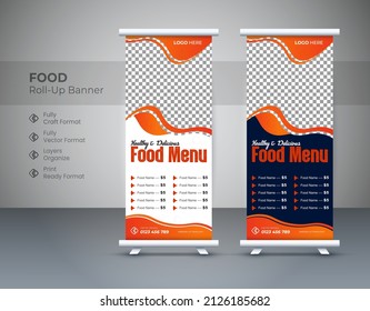 Latest Modern food roll-up banner template design. food Roll up banner design, food roll up banner template, Corporate roll up banner for Restaurant. Vector illustration template