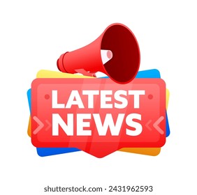Latest news. Badge with megaphone banner, label. Marketing and advertising. Vector illustration