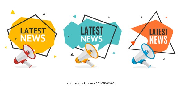 Latest News Banner Abstract Design Set with Geometric Origami Bubble Speech and Realistic 3d Detailed Megaphone. Vector illustration