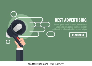 Latest News Concept. Advertising And Promotion Banner. The Notification About Events, The Person Holds The Loudspeaker Flat Vector Illustration On Green Background