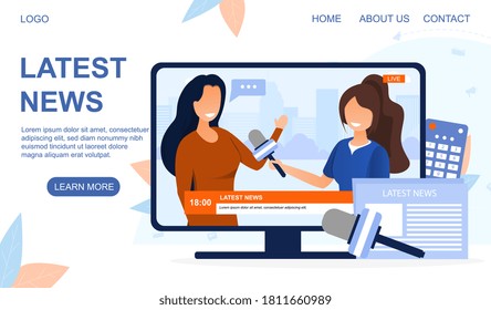 Latest news concept. A TV screen or computer monitor in which a female reporter interviewing a participant in recent events. Web page template. Flat vector illustration.
