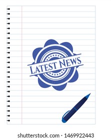 Latest News drawn with pen strokes. Blue ink. Vector Illustration. Detailed.