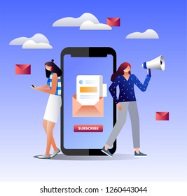 Latest news. Email subscribe vector illustration concept, email marketing system, people use smartphone and subscribe and received newsletter, can use for ui, web, mobile app, poster, banner, flyer