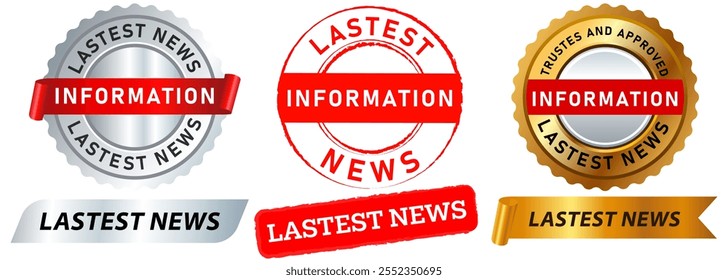 Latest news information new magazine headline media updates journalism newest message stamp colorful badges metallic ribbon emblem sticker label banner medallion design icons set collection