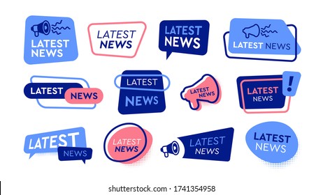 Latest news labels flat icon set. Newsletter headlines, newspaper special banners and daily report signs isolated vector illustration collection. Social media and publication concept