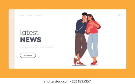 Latest News Landing Page Template. Secret Meetings, Gossip And Confidential Discussions Concept with Whispering Male and Female Character Share Rumors. Cartoon People Vector Illustration