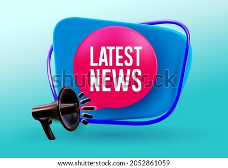 Latest news megaphone label. Black plastic megaphone with shadow. 3d realistic vector illustration. Isolated on blue background.