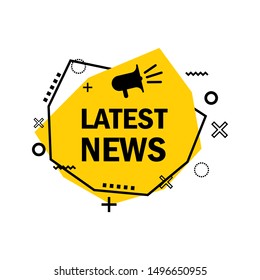 Latest news modern style label design in yellow and black color. loudspeaker megaphone icon for press media poster banner background template. Isolated on white background. Vector illustration.