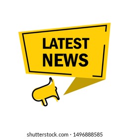 Latest news modern style label design in yellow and black color. loudspeaker megaphone icon for press media poster banner background template. Isolated on white background. Vector illustration.