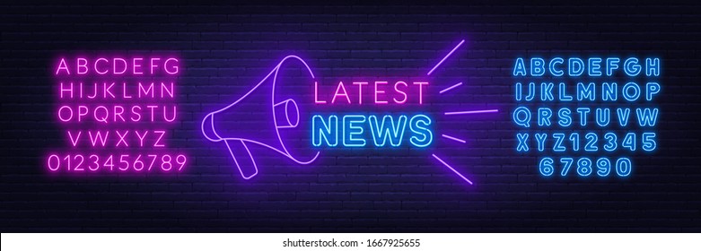 Latest news neon sign on brick wall background.