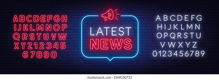 Latest News neon sign in speech bubble on brick wall background.
