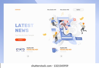 Latest news reading on smartphone. Website header template with little people characters over a news flow sticking out of cell phone screen. News app concept.