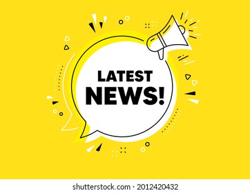 Latest news symbol. Megaphone yellow vector banner. Media newspaper sign. Daily information. Thought speech bubble with quotes. Latest news chat think megaphone message. Vector