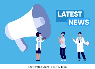 Latest News. Update Medical Breaking Information, Happy Doctors Communications. Alert Special Info, Megaphone And Tiny People Medical Staff Illustration. Final Of Epidemic Vector Concept