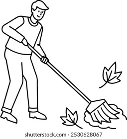 Latest outline mini illustration of cleaning garden. Rakes and leaves outline Vector illustration on the theme of cleaning autumn leaves, black outline, Doodle, line drawing.