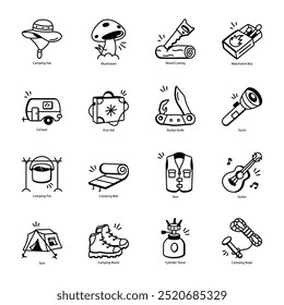 Latest Pack of 16 Camping Doodle Icons  