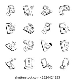 Latest Set of 16 Mobile Activities Doodle Icons  

