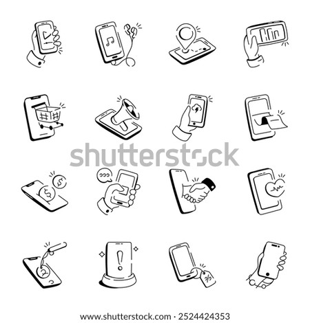 Latest Set of 16 Mobile Activities Doodle Icons  

