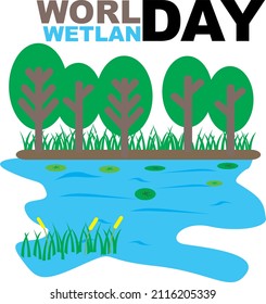 The latest simple logo design flat wetland consisting of green grass, yellow flowers, green trees, white sky, brown soil and a blue lake to commemorate world wetland day in vector form