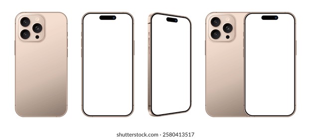 Latest smartphone device with front side and back view mockup set. Realistic gold mobile phone blank screen template for product advertisement and social media user interface design