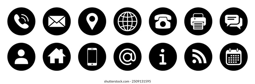 Latest Social media network and contact us icon set 2024. Phone call, Email, Address, Globe, Mobile, fax, chat, calendar, at, home, telephone, profile icons collection