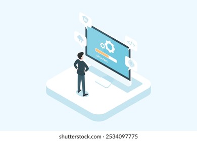 Último Actualizar de software en la pantalla del ordenador, actualización, concepto isométrico, diseño plano