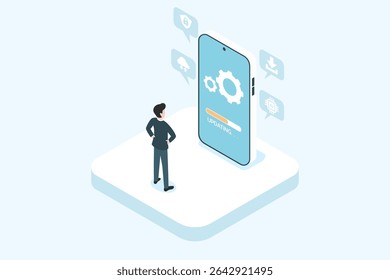 latest software update on smartphone screen, updating, isometric concept, flat design