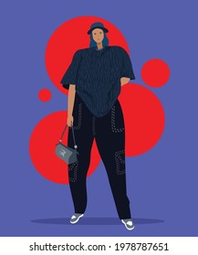 The Latest Street Style Fashion lady blue stylish dress Illustration, flat Vector illustration