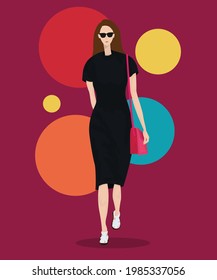 The Latest Street Style Fashion lady black stylish dress Illustration, flat Vector illustration
