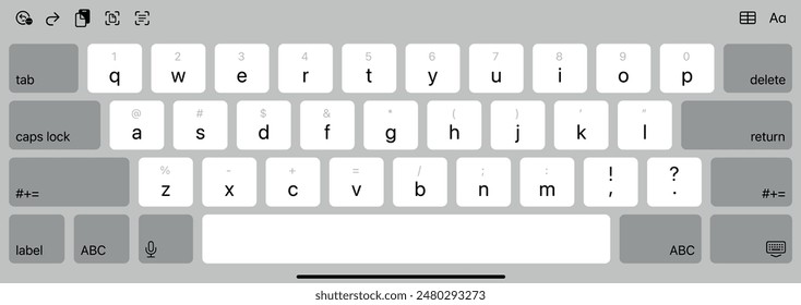 Latest Technology Light Mode Keyboard - Isolated White Keypad Interface with English QWERTY Alphabet. Apple iPhone, iPad keypad template