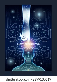 Latest technology and science. Artificial Intelligence and Neural Network. Poster with robot silhouette in cyberspace. Science fiction. Futuristic neon vector illustration isolated on black background