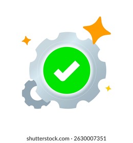 Latest Version Confirmed modern Illustration. Gear with Check Mark and Sparkle Icon for Updated App, No Updates Available, Software Maintenance Complete, System Up to Date UI Symbol