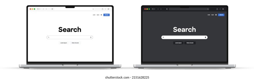 La última ventana del navegador web de la plantilla blanca oscura. Ventana realista del navegador del motor de búsqueda con barra de herramientas. Ejemplo de simulación en la página de Internet de diseño de marcos. Mochila de la página web vacía de PC, laptop, tablet y smartphone.