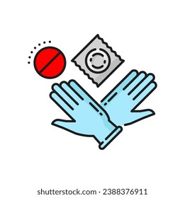 Latex allergy color line icon. Allergen reaction, allergic material prohibition or caution outline vector pictogram. Health problem, latex allergy thin line symbol or sign with latex condom and gloves