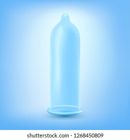 Condón de látex sobre fondo azul. Ilustración vectorial realista. Método anticonceptivo.