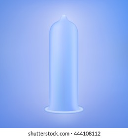Latex condom over blue background. Realistic vector illustration. Condom without pack. Icon or sign isolated over blue background. Contraceptive method.