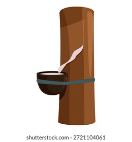 El látex gotea de un árbol de caucho roscado en un Pequeño cuenco de cáscara de coco unido con una cuerda