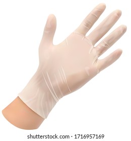 Latex gloves on the hand. Individual protection against bacteria viruses and various organic and chemical contaminants. Safety measures in medicine and public health. Isolated object. Vector