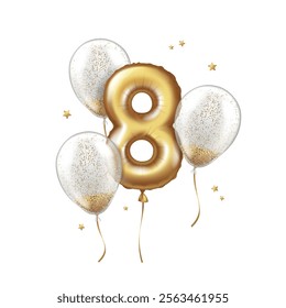 Latex helium balloon made of gold foil and transparent balloons with confetti. Number eight. Realistic vector illustration for holiday, birthday