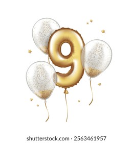 Latex helium balloon made of gold foil and transparent balloons with confetti. Number nine. Realistic vector illustration for holiday, birthday