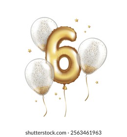 Latex helium balloon made of gold foil and transparent balloons with confetti. Number six. Realistic vector illustration for holiday, birthday