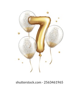 Latex helium balloon made of gold foil and transparent balloons with confetti. Number seven. Realistic vector illustration for holiday, birthday