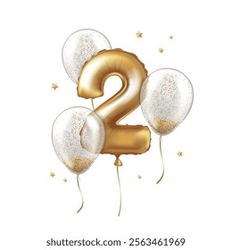 Latex helium balloon made of gold foil and transparent balloons with confetti. Number two. Realistic vector illustration for holiday, birthday, festival