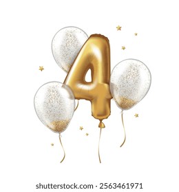 Latex helium balloon made of gold foil and transparent balloons with confetti. Number four. Realistic vector illustration for holiday, birthday