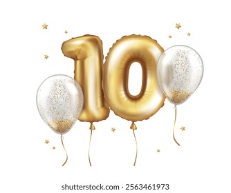 Latex helium balloons made of gold foil and transparent balloons with confetti. Number ten. Jubilee Realistic vector illustration for birthday