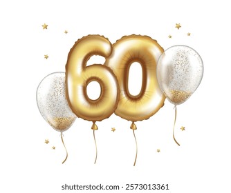 Latex helium balloons made of gold foil and transparent balloons with confetti. Number sixty. Anniversary Realistic vector illustration for birthday