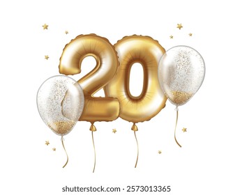 Latex helium balloons made of gold foil and transparent balloons with confetti. Number twenty. Anniversary Realistic vector illustration for birthday