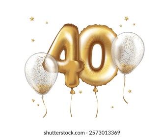 Latex helium balloons made of gold foil and transparent balloons with confetti. Number forty. Anniversary Realistic vector illustration for birthday